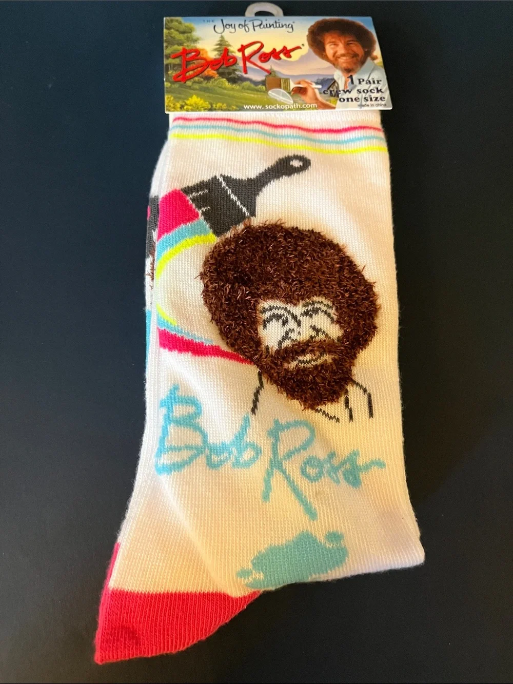 Bob Ross Men’s White Crew Socks with Neon Accents